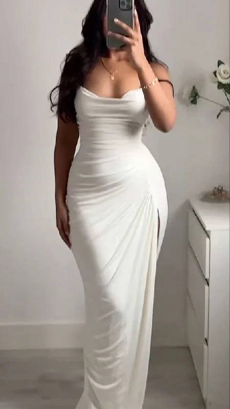 white evening dress for women -Elegant Mermaid Straps White Evening Dress 22th Birthday Outfits cc1230