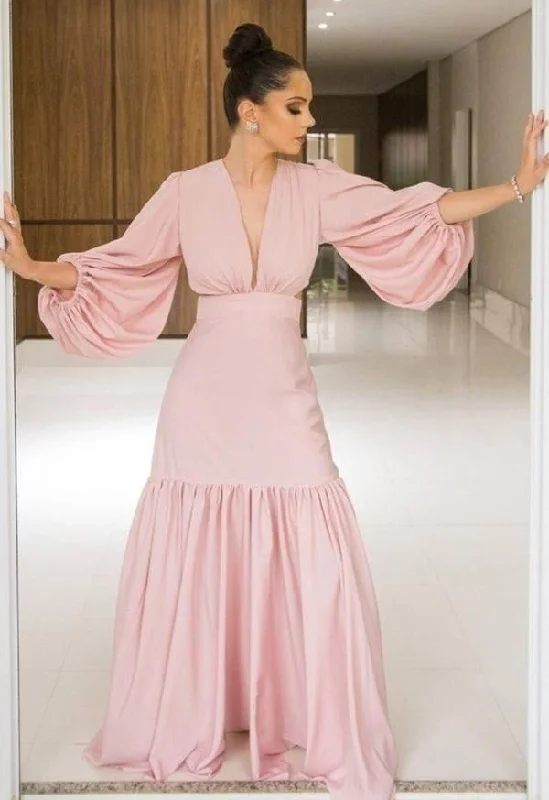 elegant evening dress for teens -Elegant Pink Mermaid Prom Dress With Long Sleeves,Pink Evening Gown cc1290