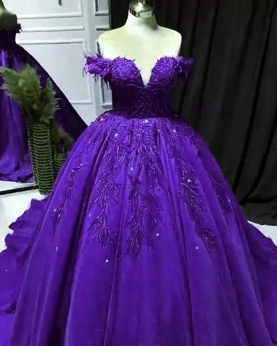 evening dress with unique prints -Elegant purple ball gown quinceanera dresses lace beaded off the shoulder for sweet 16 party C1604