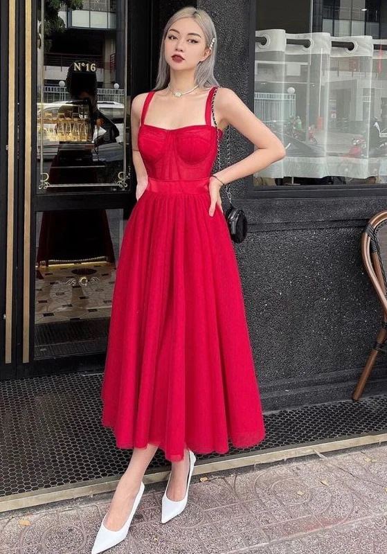 affordable evening dress for kids -Elegant Red A-line Straps Prom Dress,Red Evening Dress cc1212