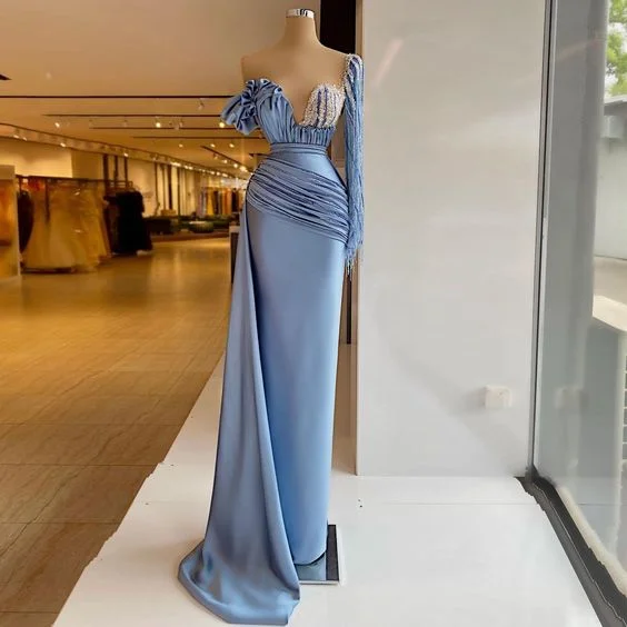 grey evening dress for cool tones -Elegant Satin Luxury Evening Dresses One Shoulder Long Sleeve Sequins Women Prom Party Pageant Gowns Plus Size Custom Made c2705