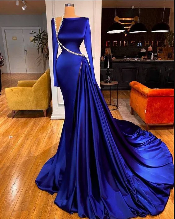 chic evening dress for parties -Elegantes modest evening dresses long sleeve royal blue beaded luxury elegant formal party dresses women evening dress C2393