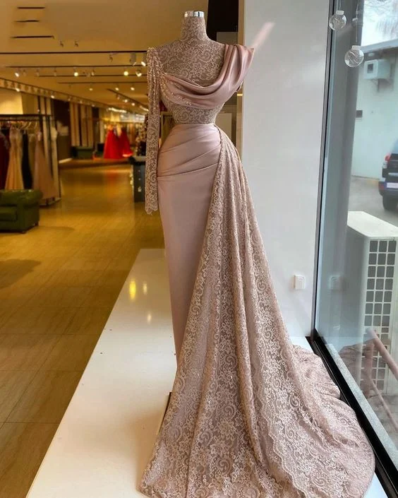 chic evening dress for club -Elegent Pink Meimaid Lace Evening Dresses Gowns Long 2022 One Sleeve Sheer Lace Formal Evening Party Gown for Women Plus Size C1610