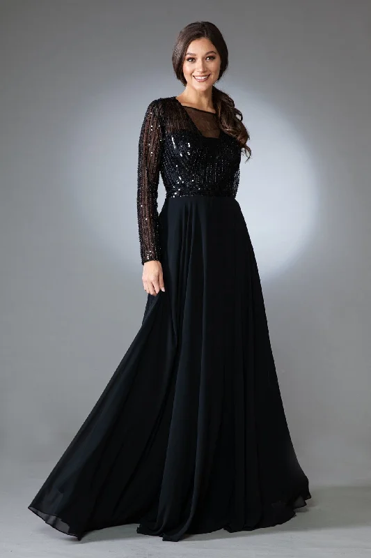 evening dress with chic trim -Embellished Long Sleeve Chiffon Gown by Amelia Couture 7036