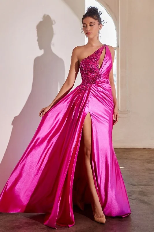 budget evening dress for warmth -Embellished One Shoulder Satin Gown by Ladivine CDS454