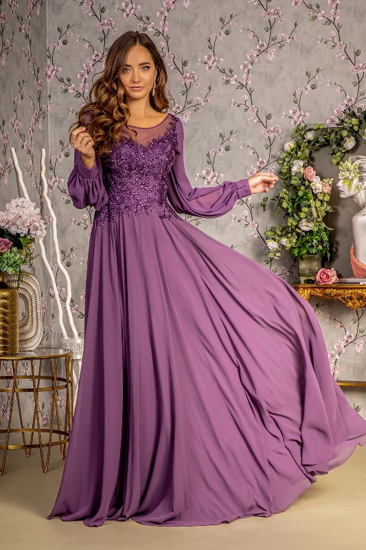 chic evening dress for warmth -Embroidered Long Sleeve A-line Gown by GLS Gloria GL3363