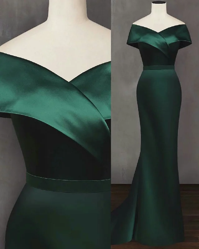 evening dress with floral designs -Emerald Green Evening Dress Off The Shoulder Satin Elegant Simple Mermaid Party Gowns cc666