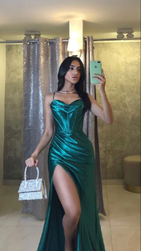 sexy evening dress for spring -Emerald Green Spaghetti Strap Long Mermaid Prom Dress With Split cc1231