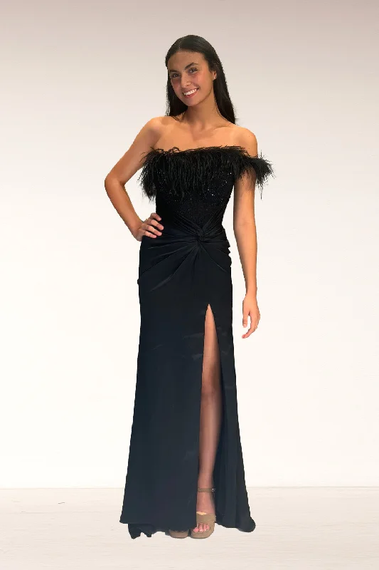 evening dress with floral prints -Feather Off Shoulder Slit Gown by Lucci Lu 1326