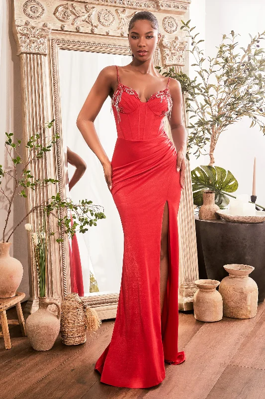 red evening dress for elegance -Fitted Beaded Sleeveless Corset Slit Gown by Ladivine OC021