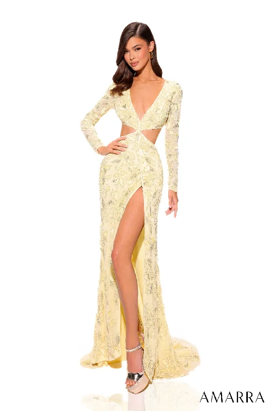 sexy evening dress for women -Fitted Embroidered Long Sleeve Cutout Gown by Amarra 94019