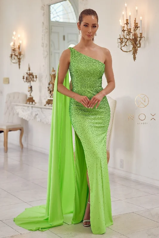 cute evening dress for women -Fitted Long One Shoulder Dress by Nox Anabel E1039