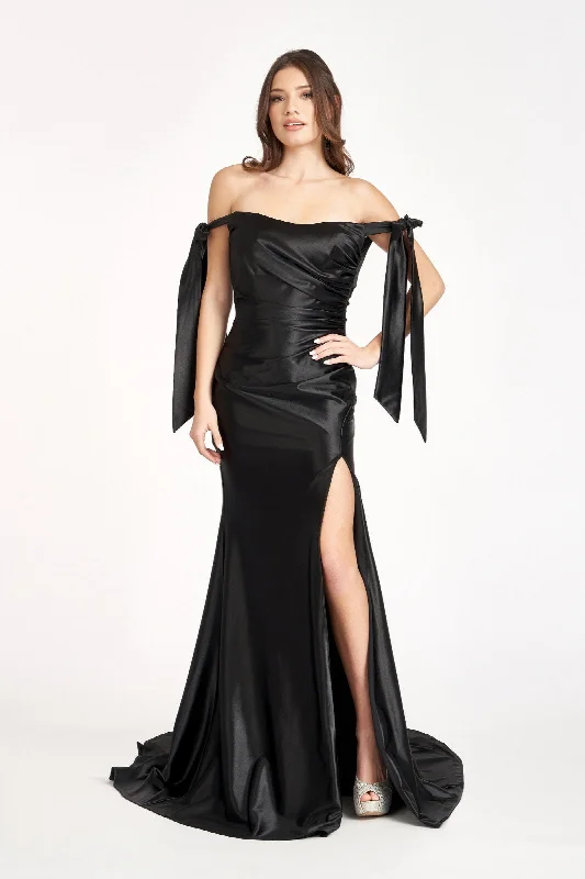 evening dress with unique patterns -Fitted Off Shoulder Satin Gown by Elizabeth K GL3059