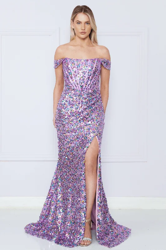 sexy evening dress for spring -Fitted Off Shoulder Sequin Slit Gown by Poly USA 9150