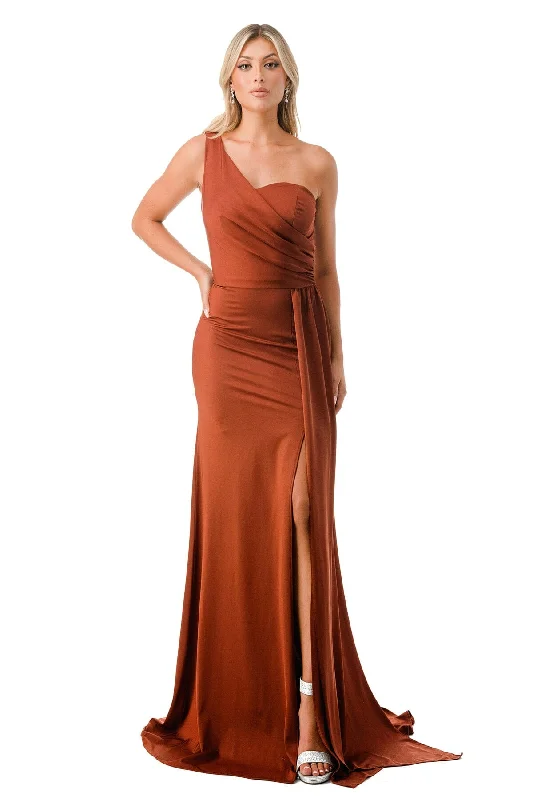 elegant evening dress for dates -Fitted One Shoulder Slit Gown by Coya D567