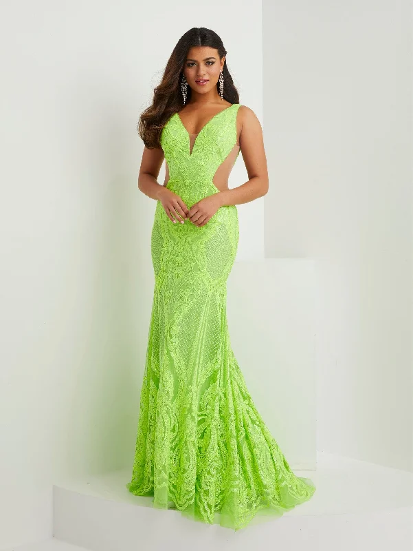 evening dress with bold prints -Fitted Sequin Side Cutout Gown by Panoply 14142