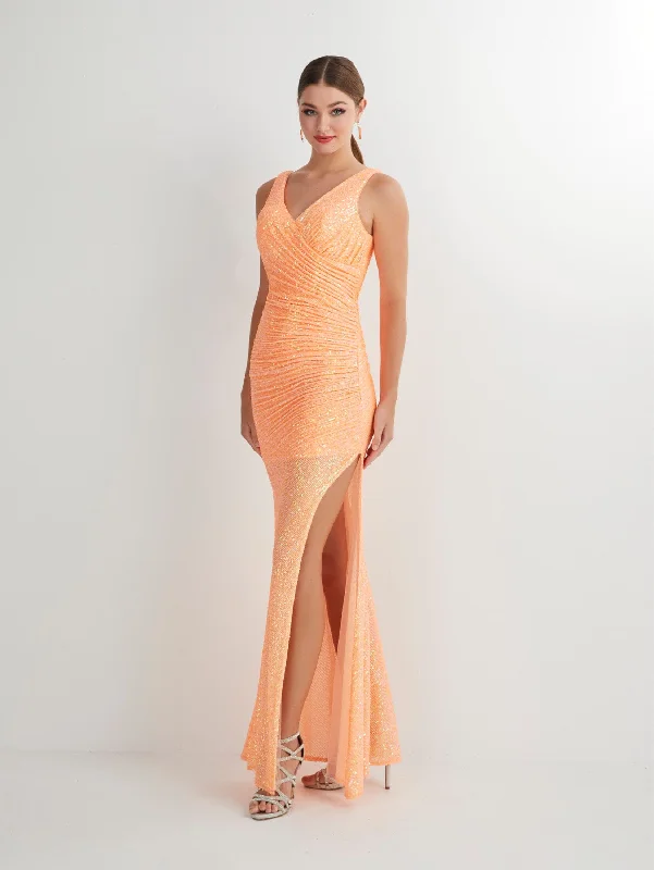 sexy evening dress for club -Fitted Sequin Sleeveless Slit Gown by Studio 17 12903