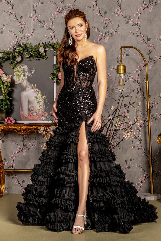 evening dress with unique patterns -Fitted Sequin Strapless Ruffled Slit Gown by GLS Gloria GL3315