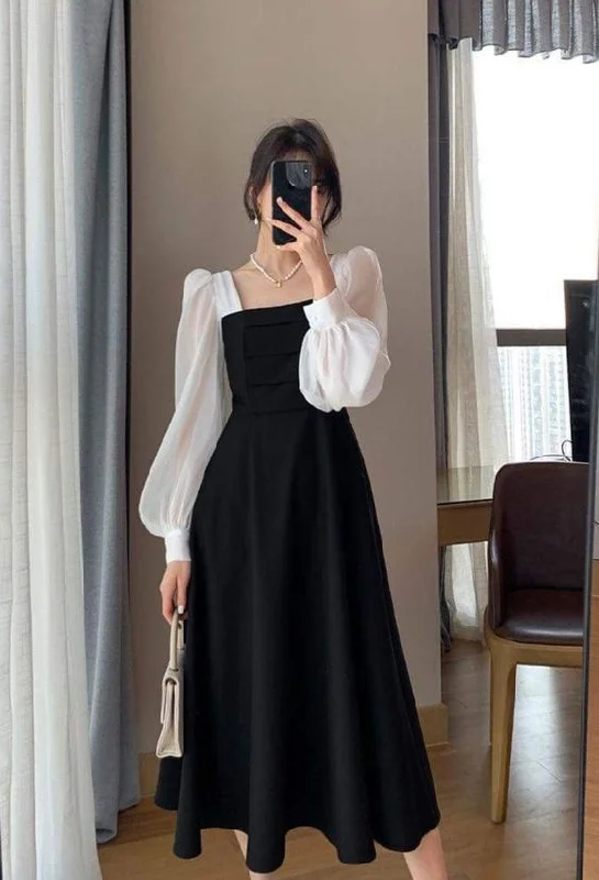 cute evening dress for women -French Contrast Color Patchwork Square Neck Puff Sleeve Party Dress cc1213