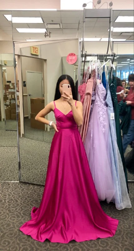 chic evening dress for warmth -Fuchsia V Neck Straps A-line Satin Long Prom Dress cc1093