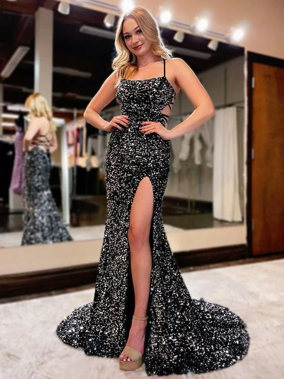 floral evening dress for warmth -Glitter Mermaid Scoop Neck Black Sequins Long Prom Evening Dresses with Cross Back C2215