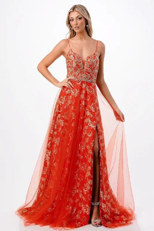 elegant evening dress for women -Glitter Print Sleeveless Slit Gown by Coya P2203