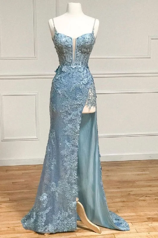 affordable evening dress for fall -Glitter Sequin Mermaid Spaghetti Straps Long Corset Prom Dress With Appliques cc1354