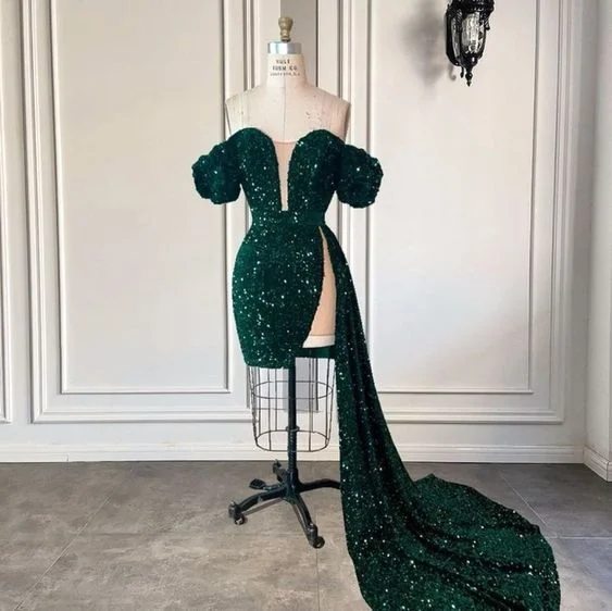 elegant evening dress for style -Green sequins short party dress, birthday dress with train cc353