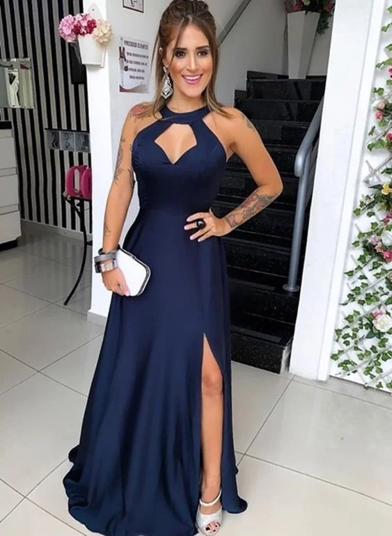 trendy evening dress for dates -Halter Evening Dress For Girl Prom Floor Length Party Dress Navy Blue With Side Slit C869