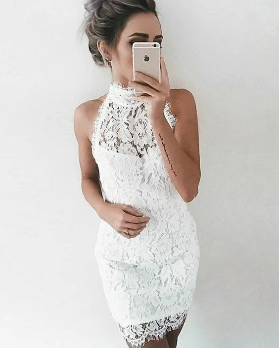 affordable evening dress for teens -High Neck Ivory Sleeveless Lace Tight Party Dress  C623