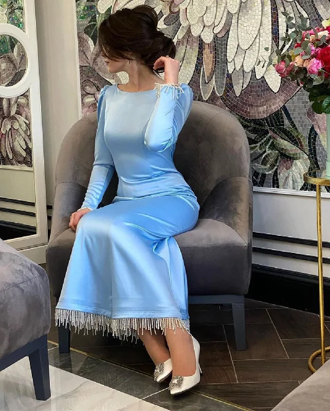 elegant evening dress for women -High Quality Mermaid Evening Dresses Long Sleeves Satin Beadings cc590