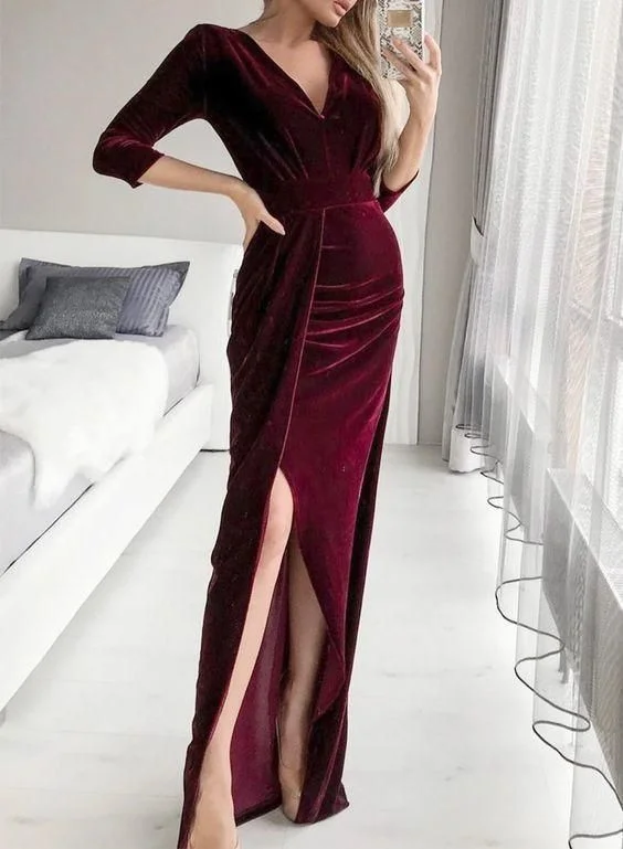 red evening dress for women -High Slit Velvet Party Dress With 3/4 Sleeves C846