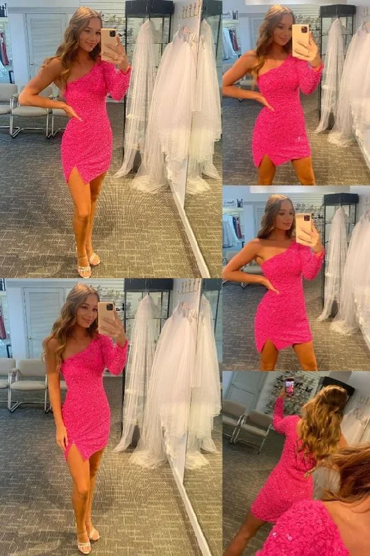 budget evening dress for fall -Hot hot pink sequins bodycon mini dress with one shoulder long sleeve, side slit and zip up back party dress C804