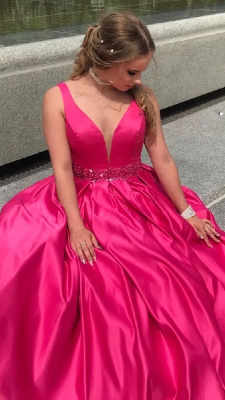 Fushia A-line Satin Prom Dress,Senior Prom Dress cc1008