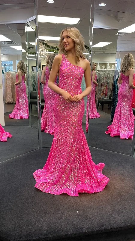 Hot Pink Sequin One-Shoulder Mermaid Long Prom Dress cc1001