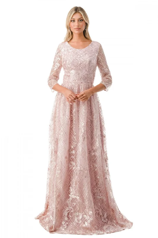 evening dress with chic sleeves -Lattice Print 3/4 Sleeve A-line Gown by Coya M2735F