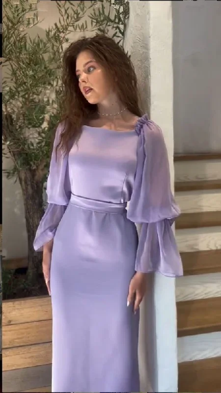 trendy evening dress for club -Lavender Puff-Sleeve Sheath/Column Evening Dress ,Winter Party Outfit Aesthetic cc594