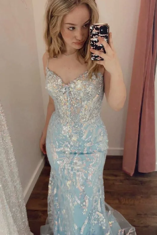 sexy evening dress for fall -Light Blue Lace Backless Mermaid Long Prom Dress cc1015