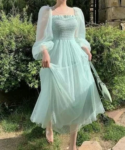 elegant evening dress for nights -Light green skirt hollow French super fairy puff sleeve polka dot mesh dress sexy party dress cc292