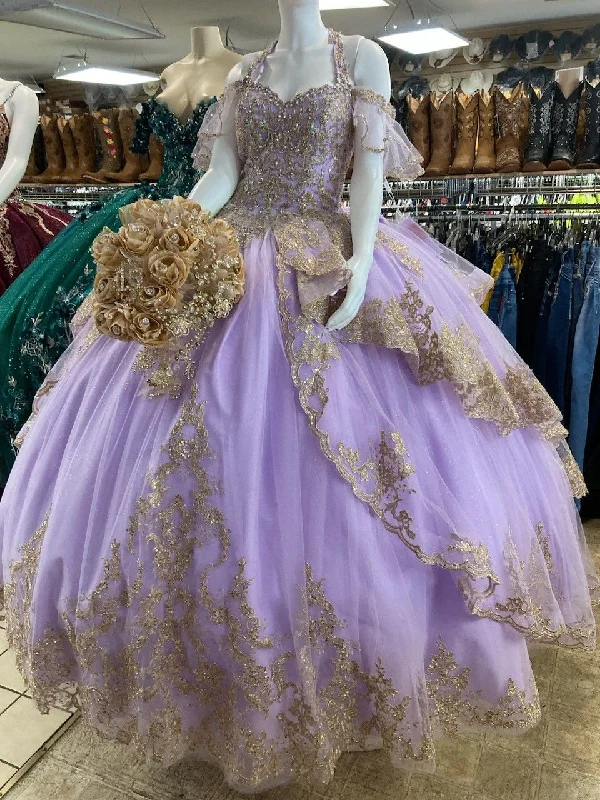 chic evening dress for women -Lilac and Gold Lace Quinceanera Dress Ball Gown For Sweet 15 16 cc740