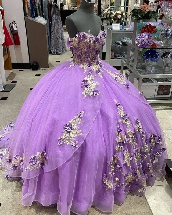 red evening dress for women -Lilac Puffy Ball Gown Quinceanera Dresses Off The Shoulder Champagne Applique Pearls 3D Flowers Sweet 16 Girls cc589