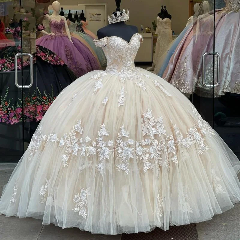 white evening dress for women -Long Champagne Lace Appliques Quinceanera Dress for 15 Year Ball Gowns Off The Shoulder Ball Gown Debutante Gowns Dresses C1802