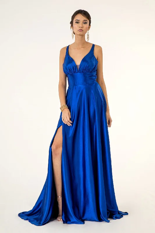 cute evening dress for style -Long Satin V-Neck Dress by Elizabeth K GL2963