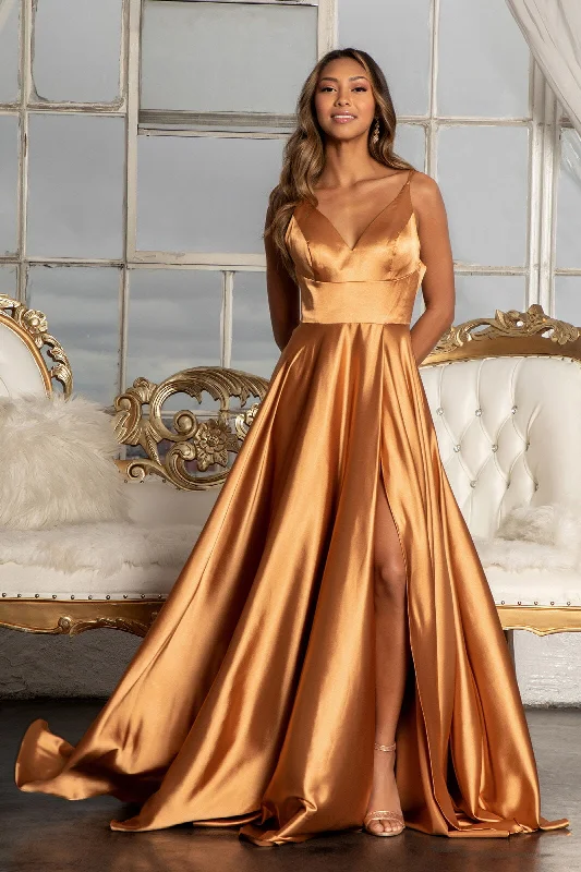 trendy evening dress for dates -Long Shiny Satin V-Neck Dress by Elizabeth K GL1991