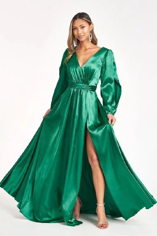 lace evening dress for elegance -Long Sleeve Shiny Satin Gown by Elizabeth K GL1990