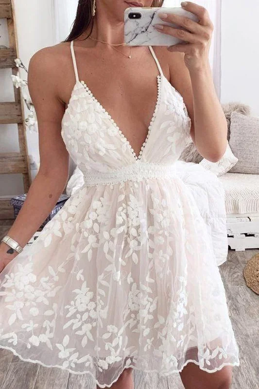 evening dress with unique patterns -Lovely White Lace V Neck Mini Party Dress C612