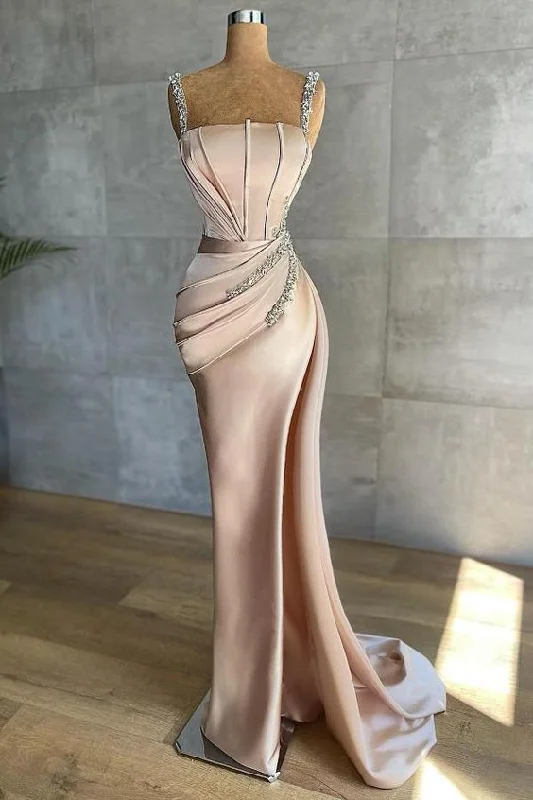 evening dress with floral designs -Luxury Champagne Sleeveless Crystal Ruffles Mermaid Evening Dresses C1362