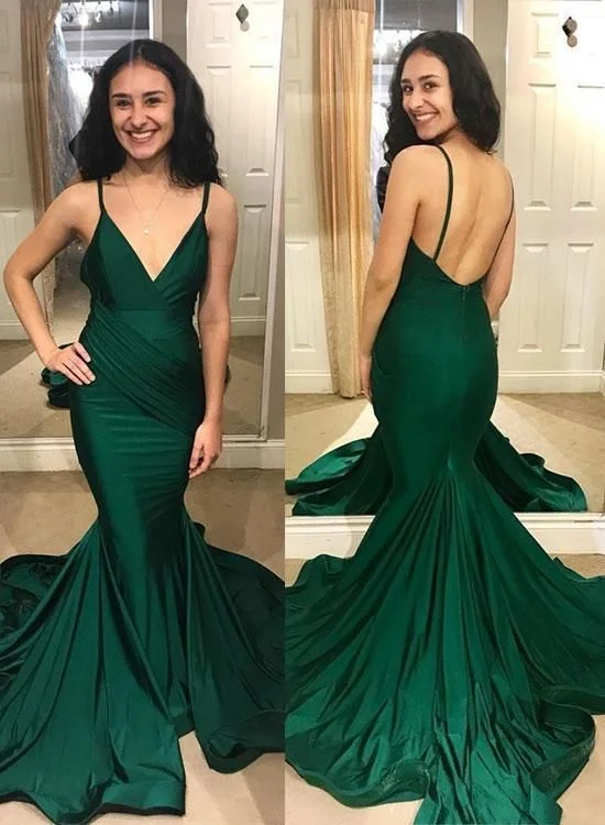 budget evening dress for spring -Mermaid Dark Green Straps Evening Dress, Sexy Long Evening Gown  C279