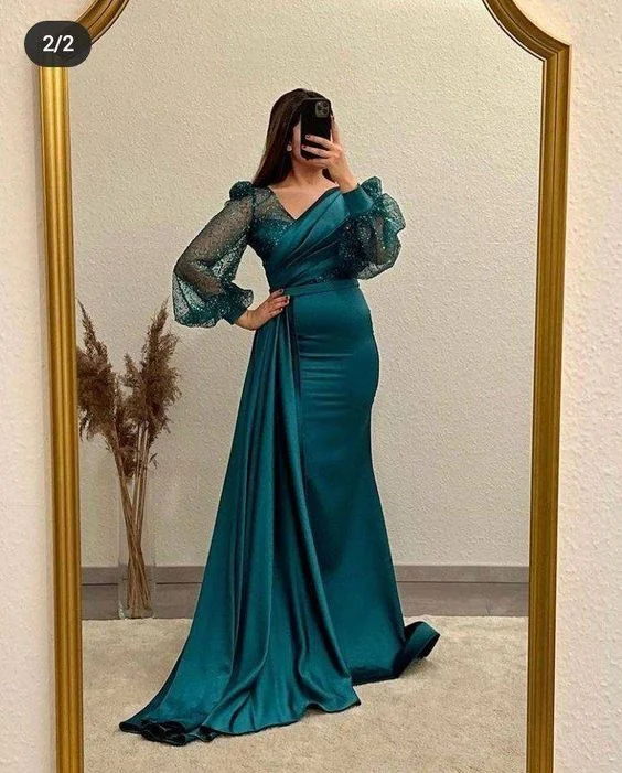 black evening dress for women -Mermaid V Neck Satin Evening Dress Long Sleeves cc1253