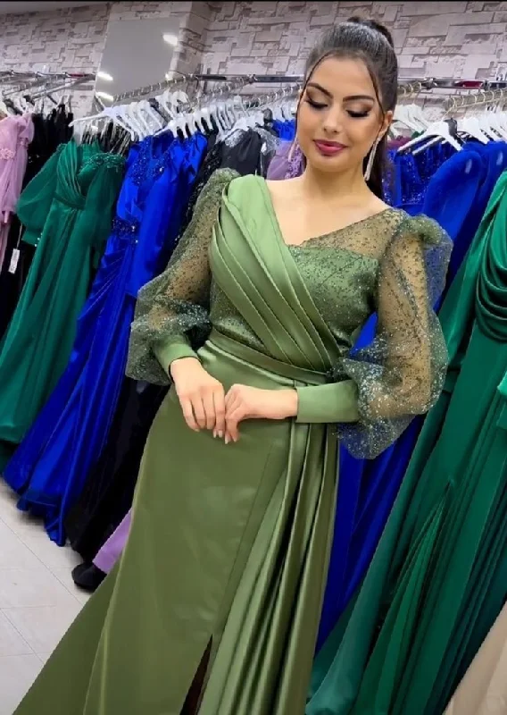 evening dress with floral designs -Modest Green Long Sleeves Prom Dress,Fashion Prom Gown  cc1315